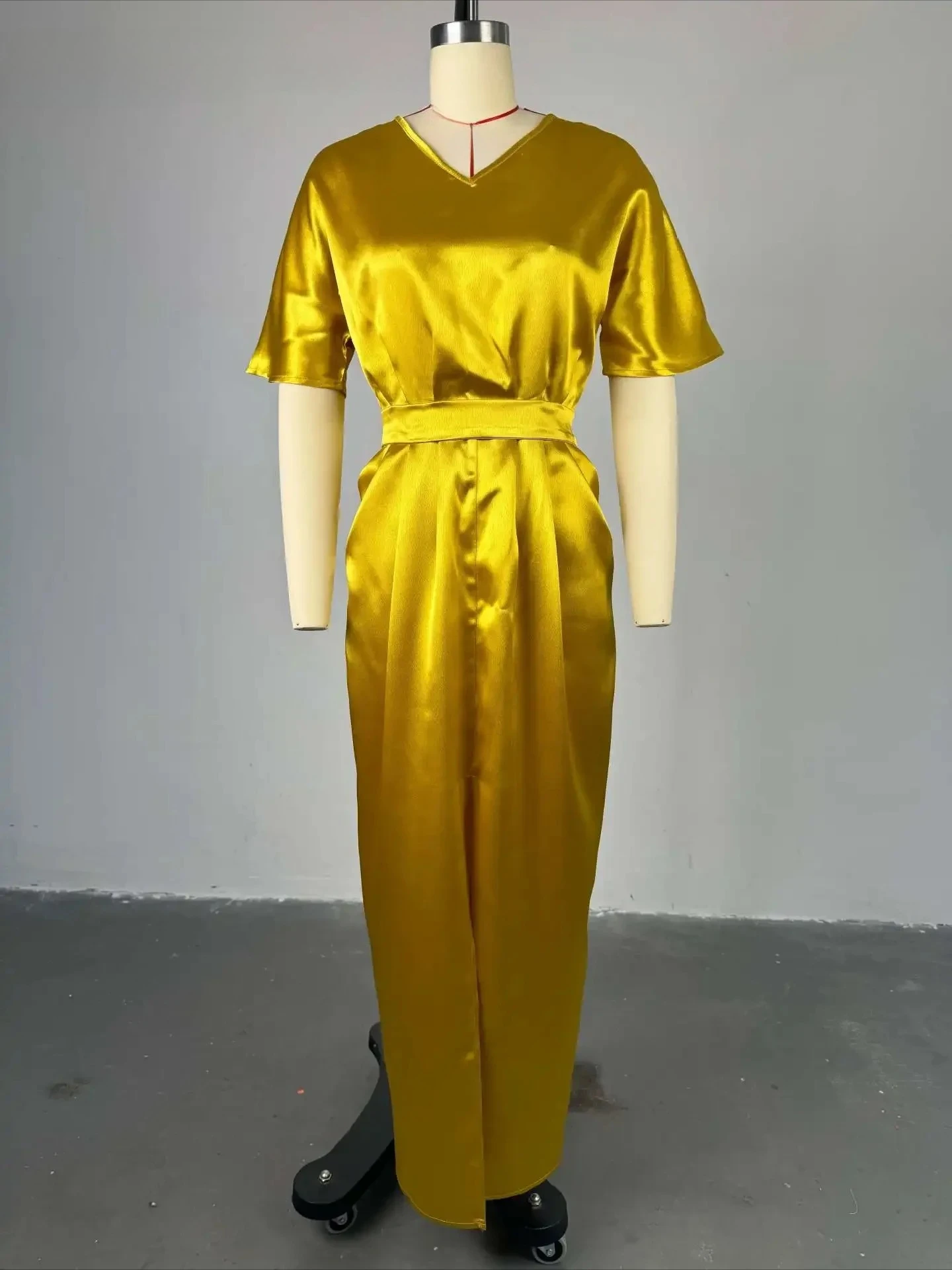 Moda mujer elegante satén cuello pico manga corta largo Maxi vestido 2025 primavera playa cumpleaños noche Sexy Vestidos de fiesta