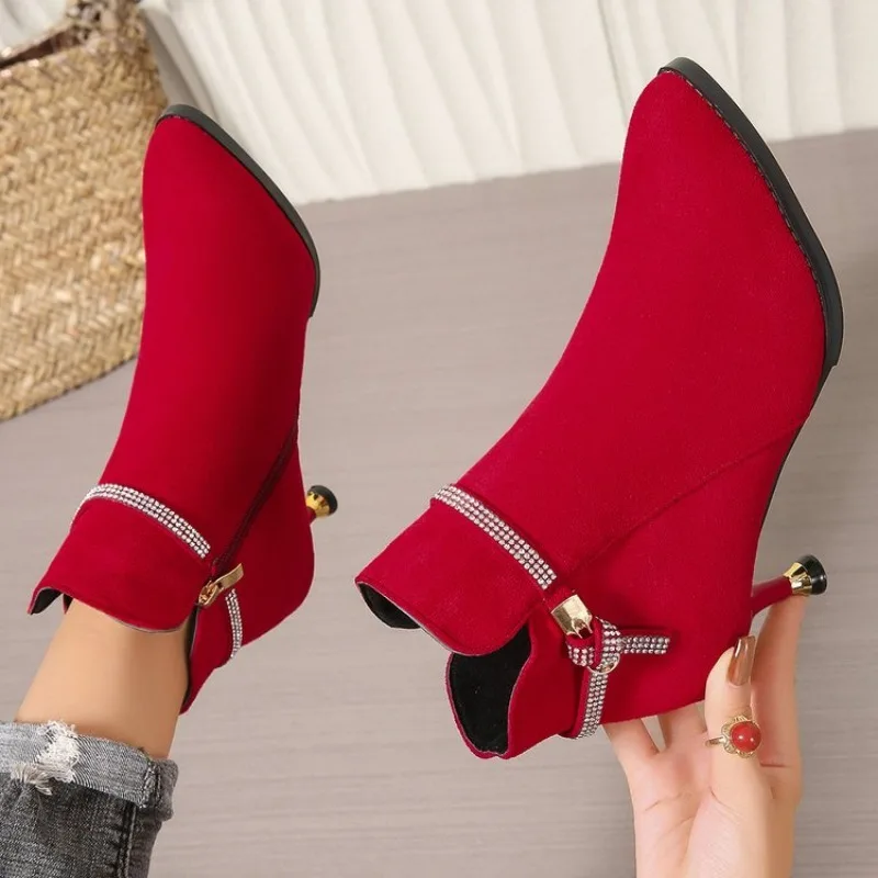 Damen High Heels Schuhe Elegante Wildleder Spitzpumps Stilettos Elegante Kurze Stiefel Mode Luxus Kristall für Frauen Herbst – Detail 3