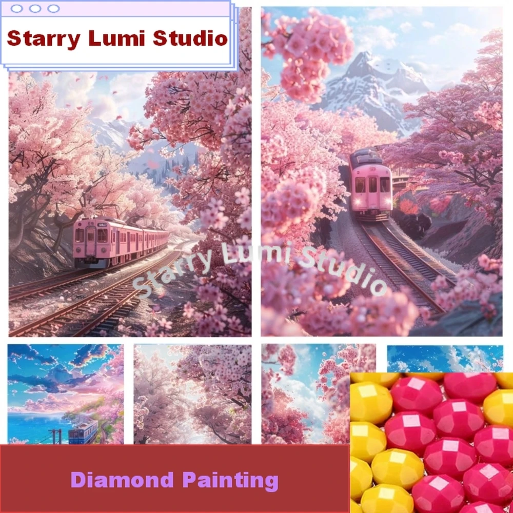5d Diamond Painting Fantasy Sakura Train Full Diamond Mosaic Landscape Cross Stitch Kits Home Decor