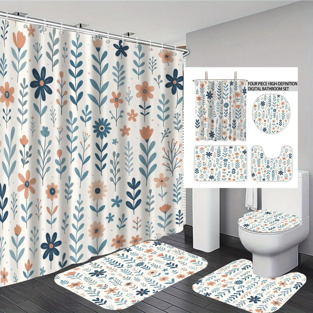 Polyester Shower Curtain, Floral Waterproof Quick Drying, Fade Mold Resistant, Washable Bathroom Decor Curtain with 12 Hooks