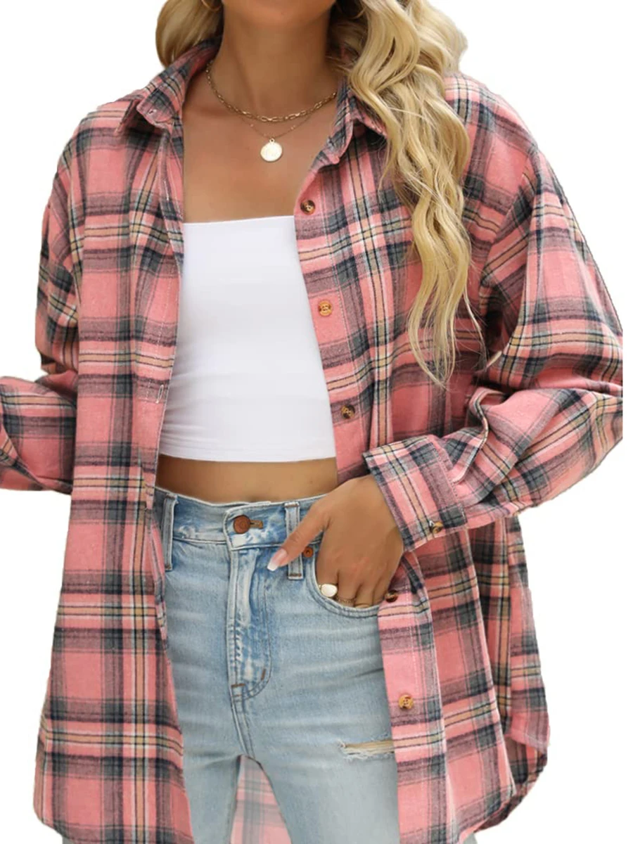 Damen Karohemd Langarm mit Umlegekragen Lässige Lose Vintage Karierte Blusen Frühling Herbst Koreanische Mode Oberteile Mantel – Detail 4