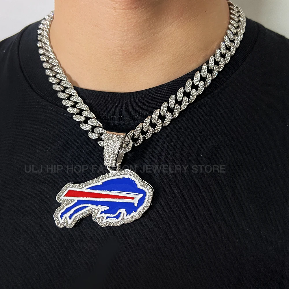 Hip Hop Shiny Bull Pendant Football Chain Necklace With Cuban Miami Iced out Bling Fashion Jewelry