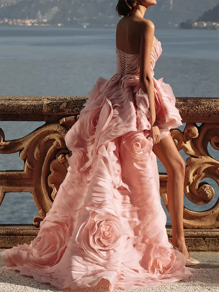 

Strapless Handmade Flowers ​Short Front Long Back Floor-Length Layered Tulle Formal Evening Gowns Prom Dresses Customized