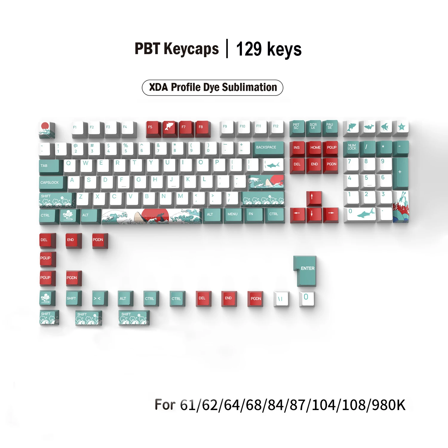 Coole Coral Sea XDA Dye-sub PBT-Tastenkappen für 61 68 84 87 81 96 98 104 10 Tasten mechanische Tastatur, maßgeschneiderter Hai-Tastenkappen-Schalter