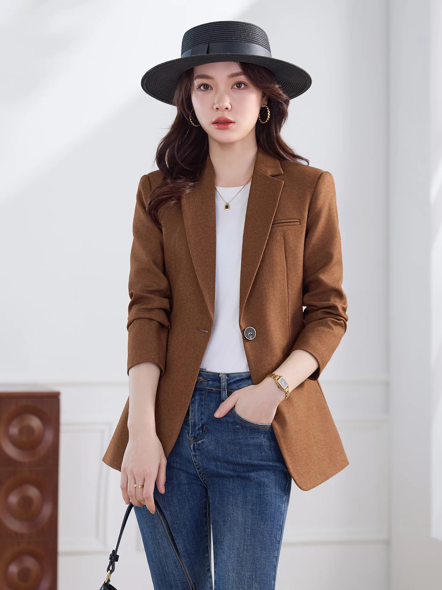 Elegant Solid Women's Blazer Long Sleeve Turn down Collar Slim Fit Office Jacket Single Button Spring Autumn Fashion