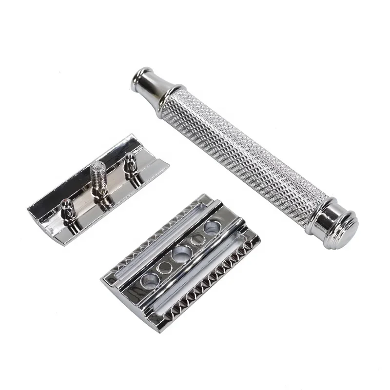 Double Edge Safety Razor Set with Zinc Alloy and Copper Handle - Includes Razor Stand and 10 Platinum Blades for Men's Shaving