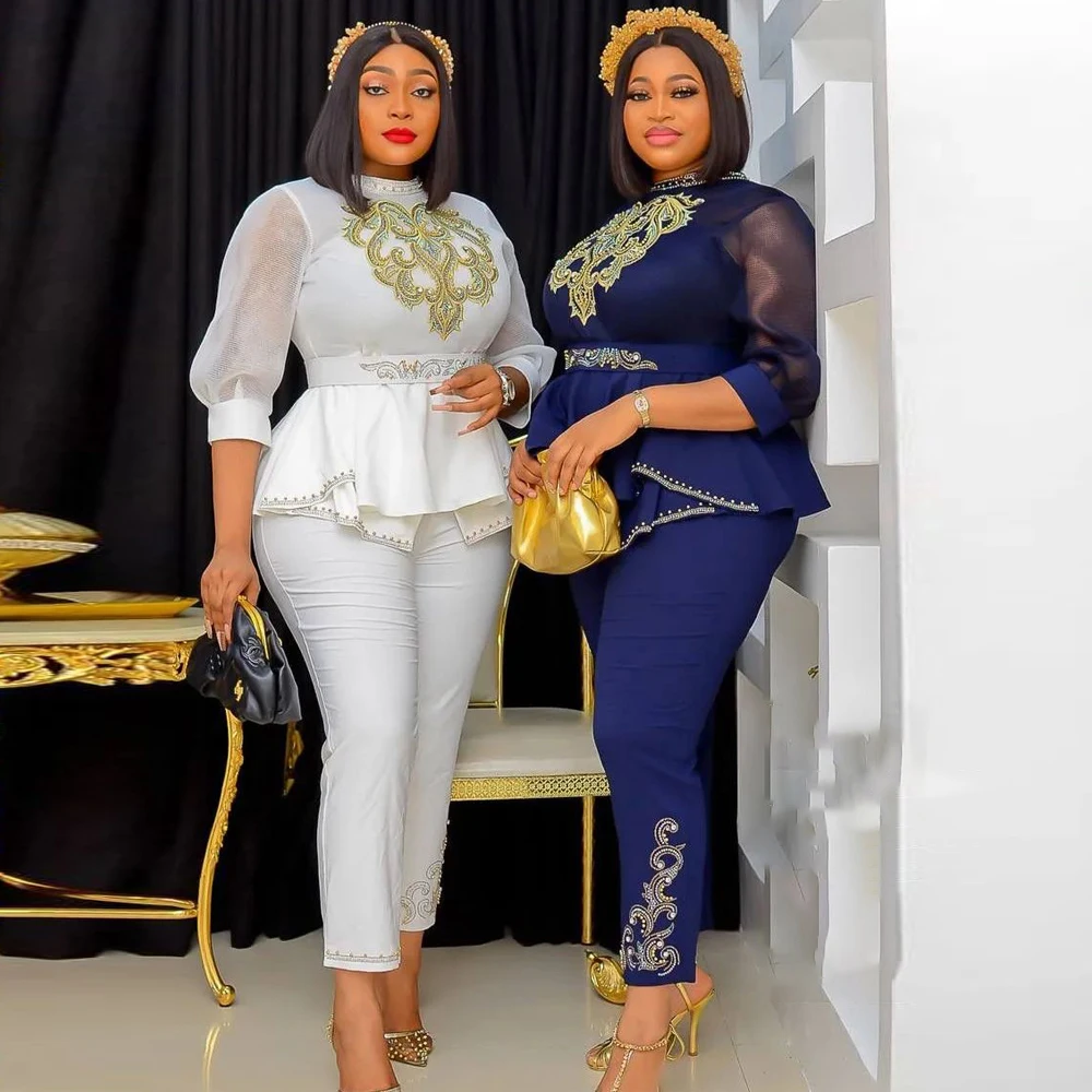 

MD African Plus Size Two Piece Set For Women Dashiki Tops Pants Suit Dubai Turkey Africa Clothing Tracksuit Wedding Party Gown