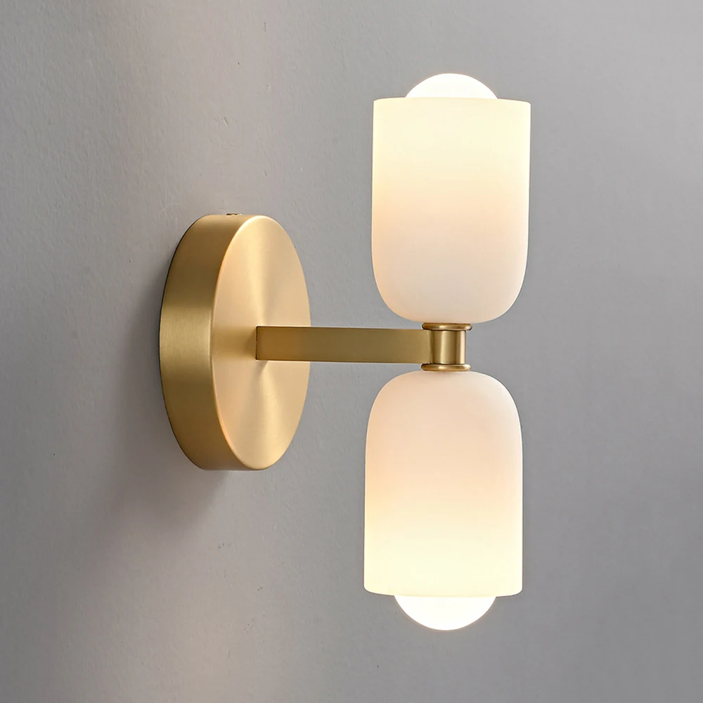 Nordic Copper Double Head Wall Light, Matte Frosted Glass Wall Lamp, Modern Brass Sconce for Bathroom Mirror Living Room Decor