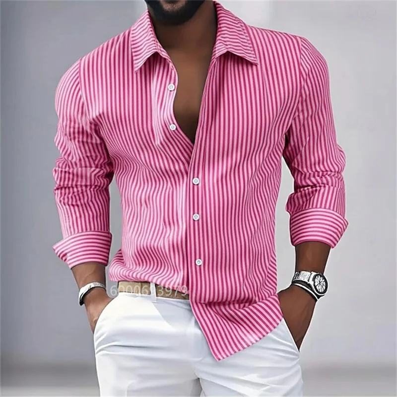 Men's striped button-down long-sleeved shirt, spring and autumn style, available in blue, pink, purple, brown, and green.