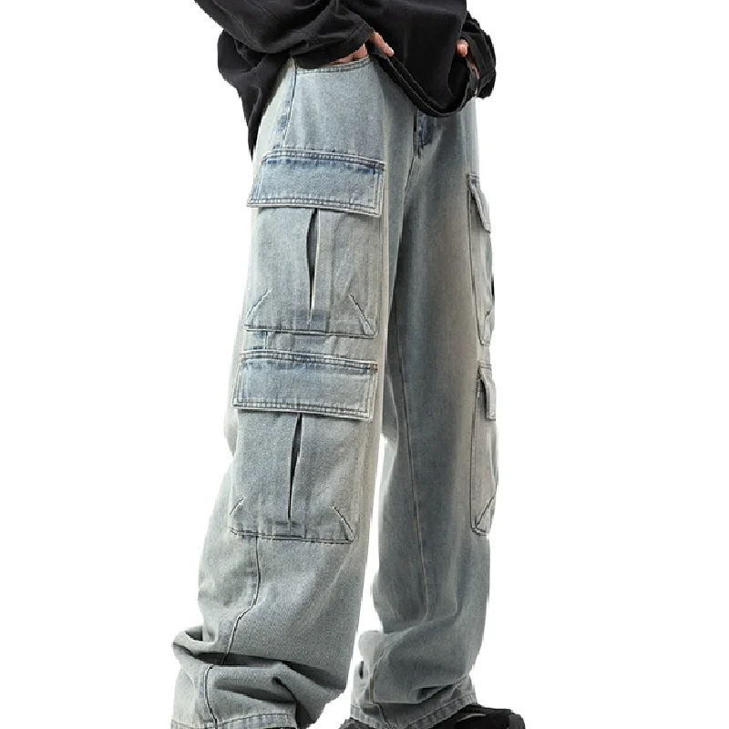 

Men's Loose Fit Oversized Hip Hop Cargo Jeans With Multi Pockets Washed Vintage Denim Trousers Baggy Retro Bottoms