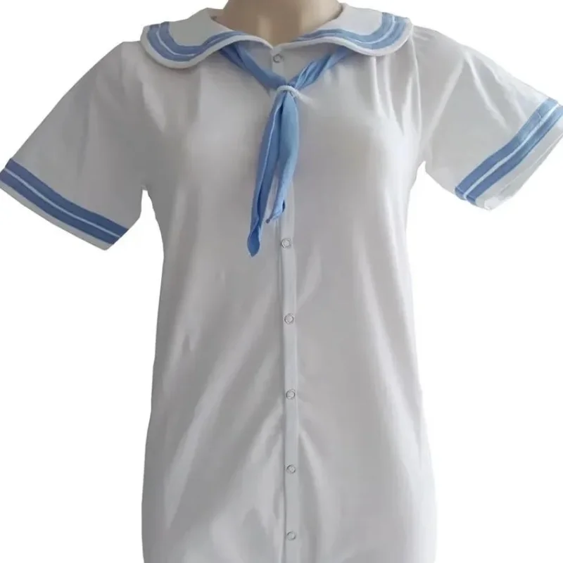White Blue Sailor Romper With Snaps Soft Comfortable Onesie ABDL Adult Bodysuit Unisex Pajamas Couple Jumpsuit Home Playsuits view 6