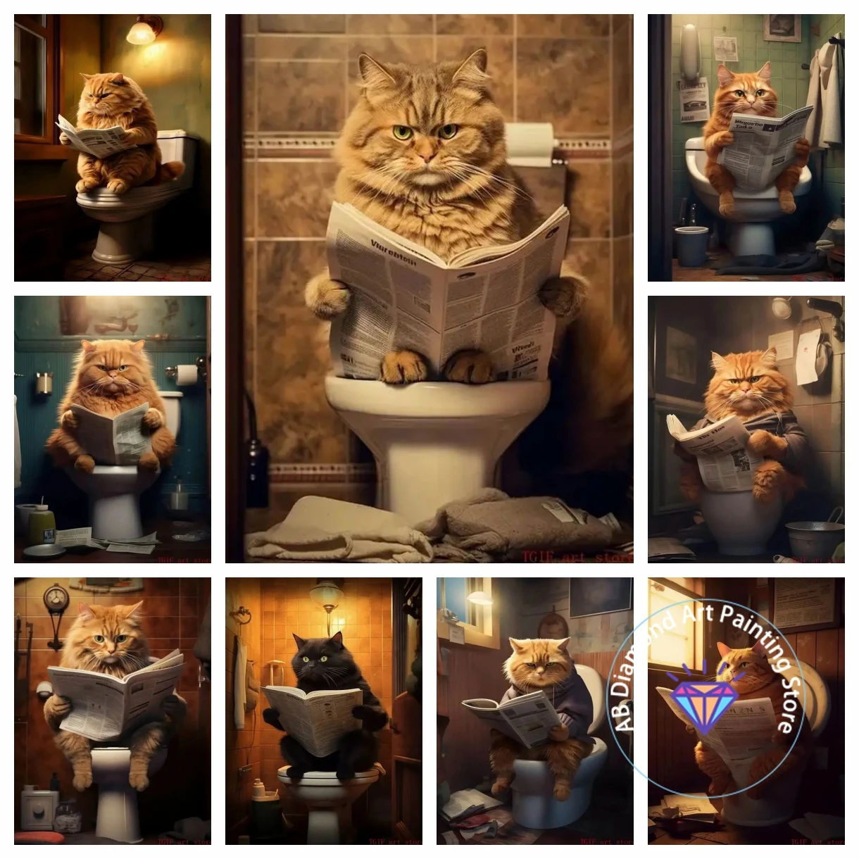 

Big Cat Toilet Reading Newspapers Animals AB Diamond Painting Kit 5D DIY Cross Stitch Handmade Art Gift Crafts Home Decor Gift