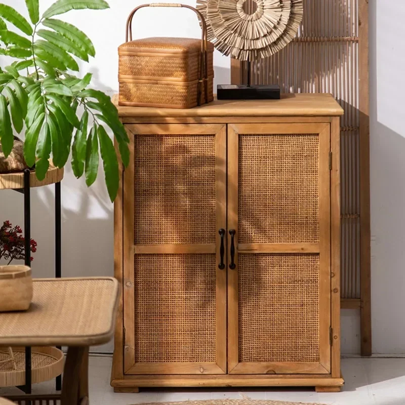 High Appearance Ins Rattan Woven Storage Cabinet Large Capacity Solid Wood Display Living Room Elegance