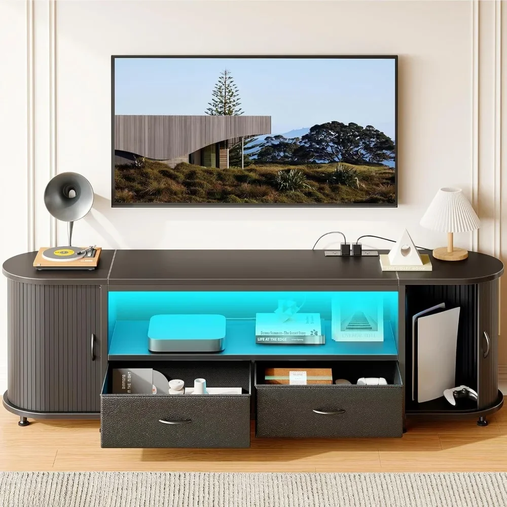 

TV Stand for 55 60 inch TV, Entertainment Center with Power Outlet and LED, 2 Fabric Drawers TV Console with 2 Cabinet, Open Sh