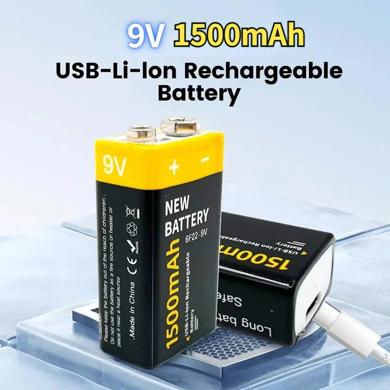 New 9V 6F22 1500mAh USB Rechargeable Li-ion Battery Type-C Port for Microphone Multimeter Remote Control Tools Instrument Toy