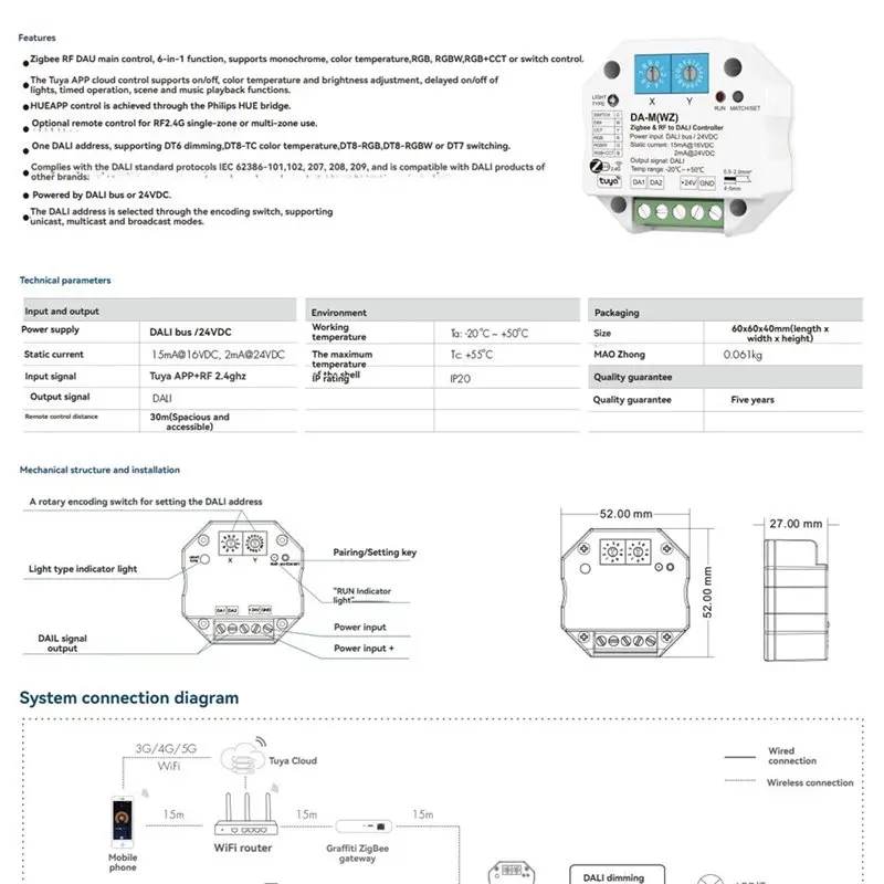 AT41 Da-M(WZ) Tuya Zigbee& RF To DALI Converter 6 In 1 Works APP Cloud/ Powered By/DALI Bus 24V RGB+ CCT RGBW Control view 3