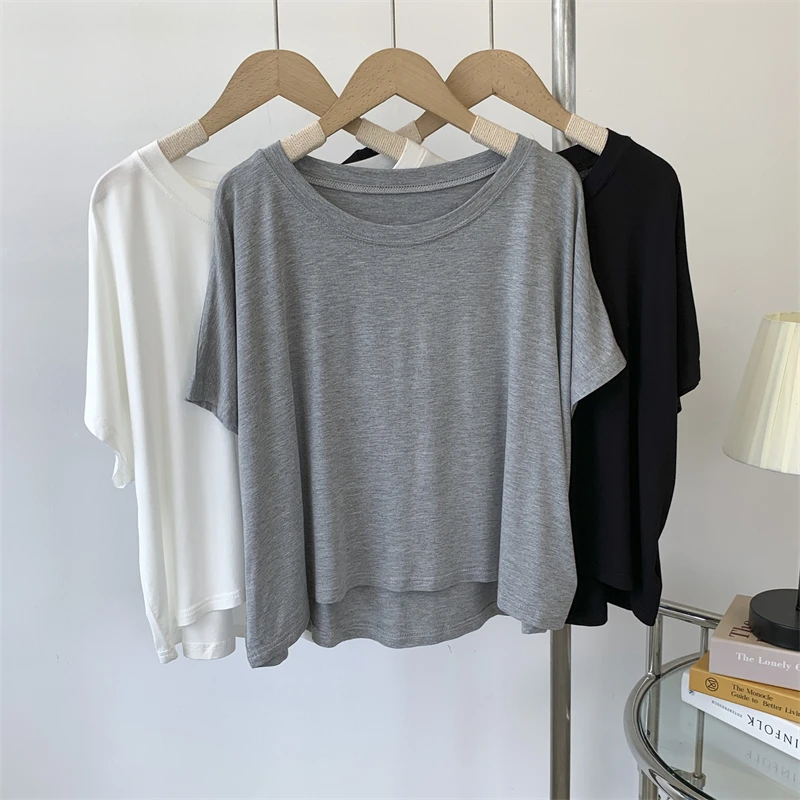 Modalny okrągły dekolt Ne ort Sve Top Damski Cienki Letni Top z Wysokim Stanem Casualowy Luźny Krój Mieszanka Bawełny Podstawowy Kolor