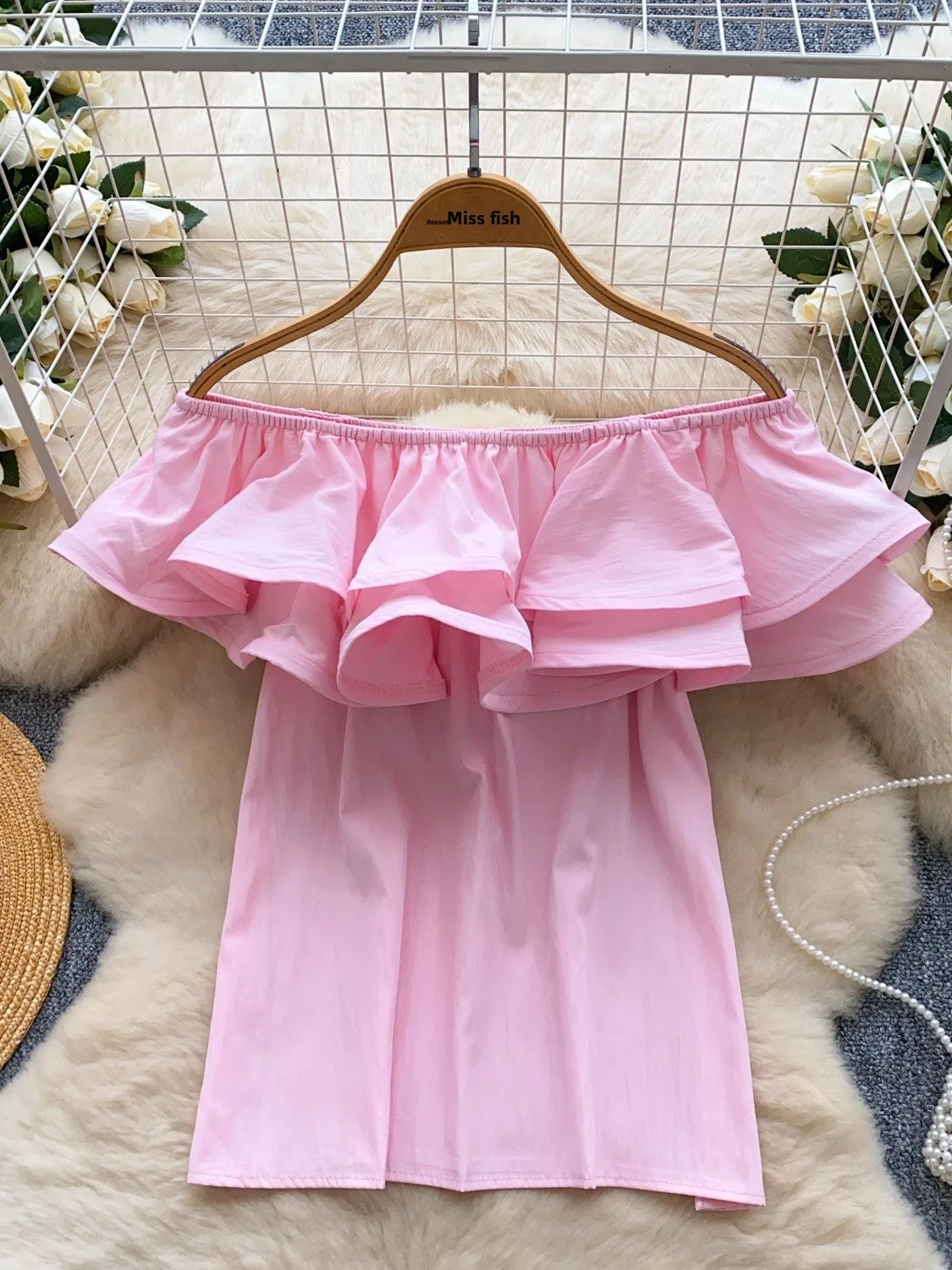 Csa de Dama de  con Hombros Descubiertos, Estilo Dulce y Chic, Verano 2025, Estilo Coreano, Corte Hoado, Manga Cort...