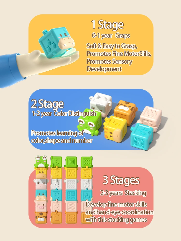 Baby Weiche Bausteine Spielzeug Weiche Zahnen Spielzeug für Babys 3D Cube Tier Bad Spielzeug Baby Frühe Pädagogische Passenden Sensorischen Spielzeug – Detail 4