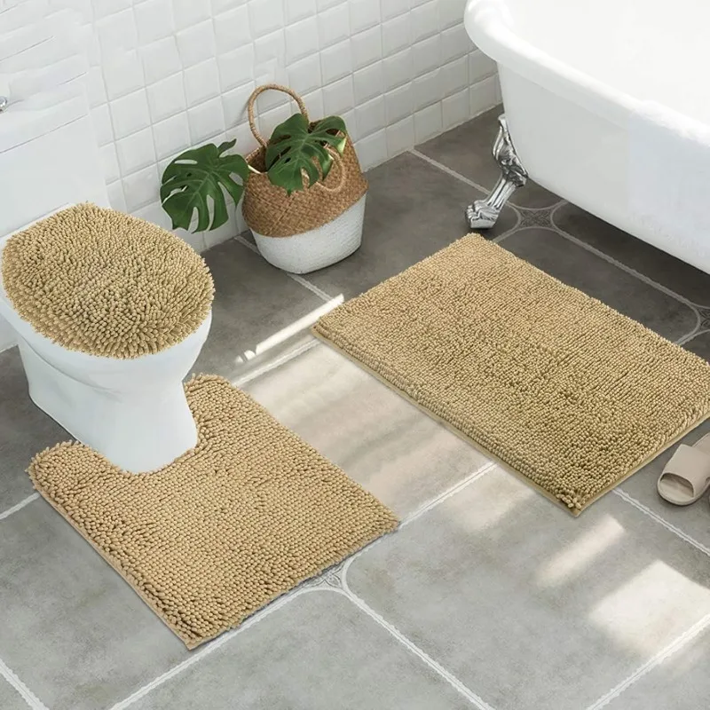 3pc Non-Slip Shaggy Chenille Bathroom Mat Set, Includes 24 x 21 Inches U-Shaped Contour Toilet Rug