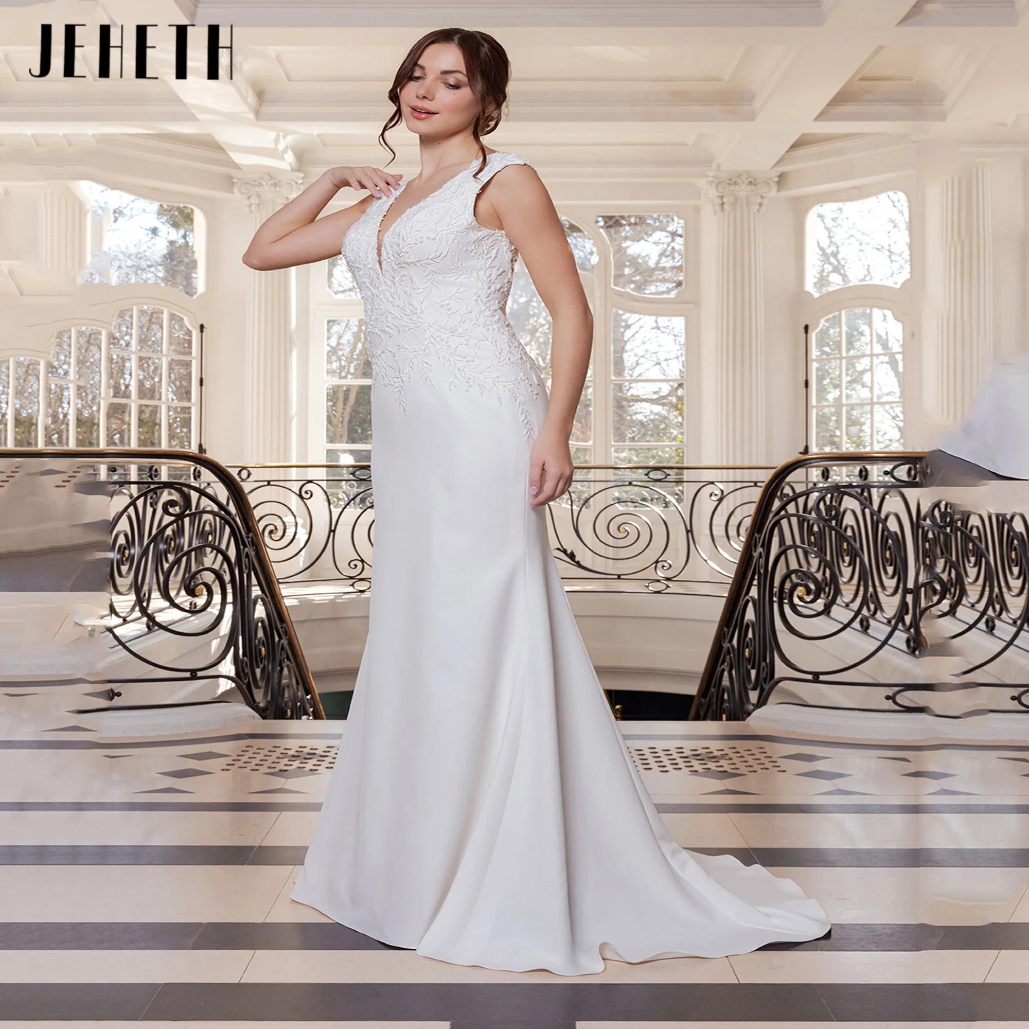 

JEHETH Lace Appliqued Satin Surface Wedding Dresses sleeveless Bridal Gowns 2025 Sexy Mermaid Ball Vestidos De Gala Customized