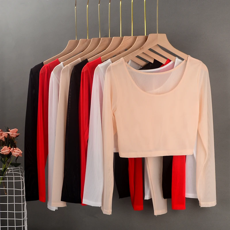 

Low-Neck Lace Base Shirt Women's Autumn Long Sleeve Half-Inside Thin Mesh Tight Short Top Slim Fit round Neck Commute Style P...