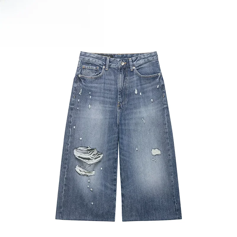 

Fashionable Casual Denim Shorts Women's Spring New Style Decorative Hole Design Mid-Waist Straight Leg Polyester Shorts