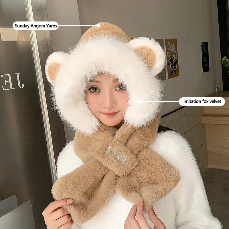 

Cute bear female hat winter plush hat scarf one ear protection thickened windproof warm