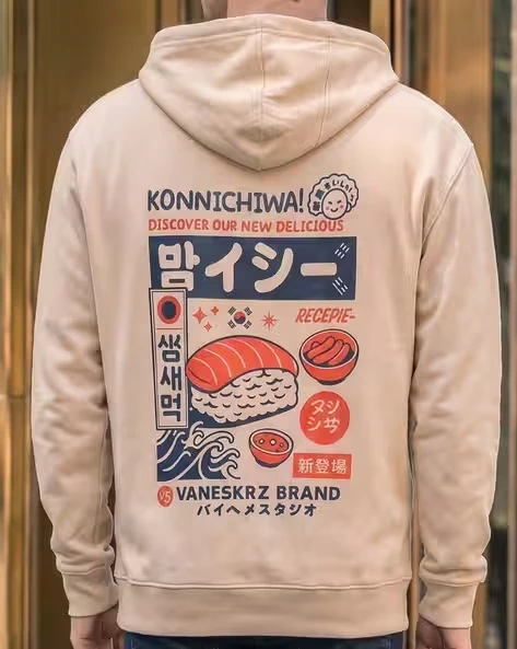 Mens Zip Hoodie Sushi Cartoon Graphic Print Full Zip Up Long Sleeve Casual Street Hooded Jacket