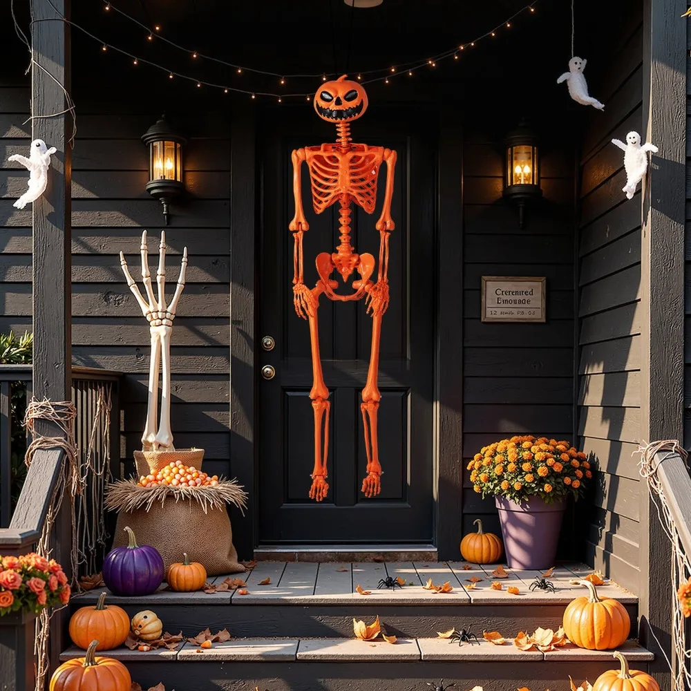 

5.2 Ft Halloween Orange Skeleton Decoration with Pumpkin Head 7 Moving Joints
