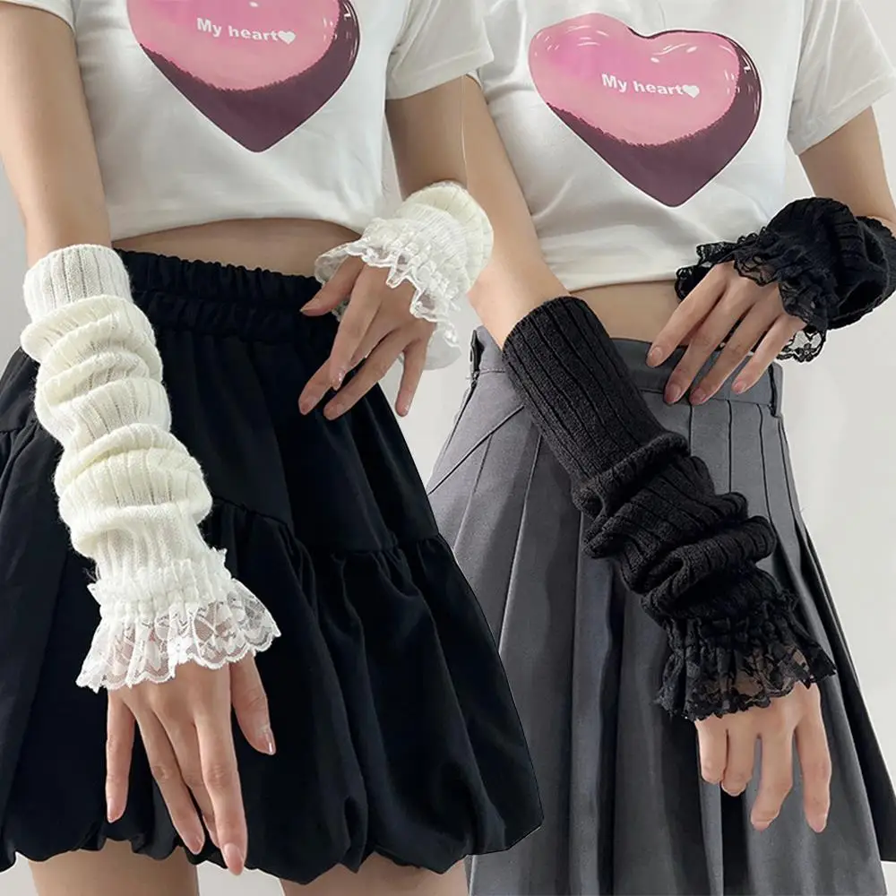 ถุงมือไหมพรมแขนยาวแบบกอธิค แต่งลูกไม้ระบาย ปลายแขนถักแบบยาว ถุงมือไหมพรมแบบไม่มีนิ้ว อุ่นสำหรับขี่มอเตอร์ไซค์ ถุงมือผู้หญิงสำหรับฤดูหนาว ปลอกแขนผู้หญิง