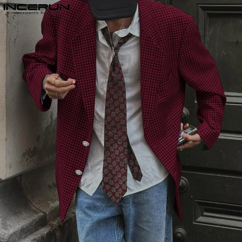 Handsome Men Plaid Printing Lapel Collar Blazer INCERUN Casual Office Long Sleeve Buttons Suits Commuting Simple Fashion Coats