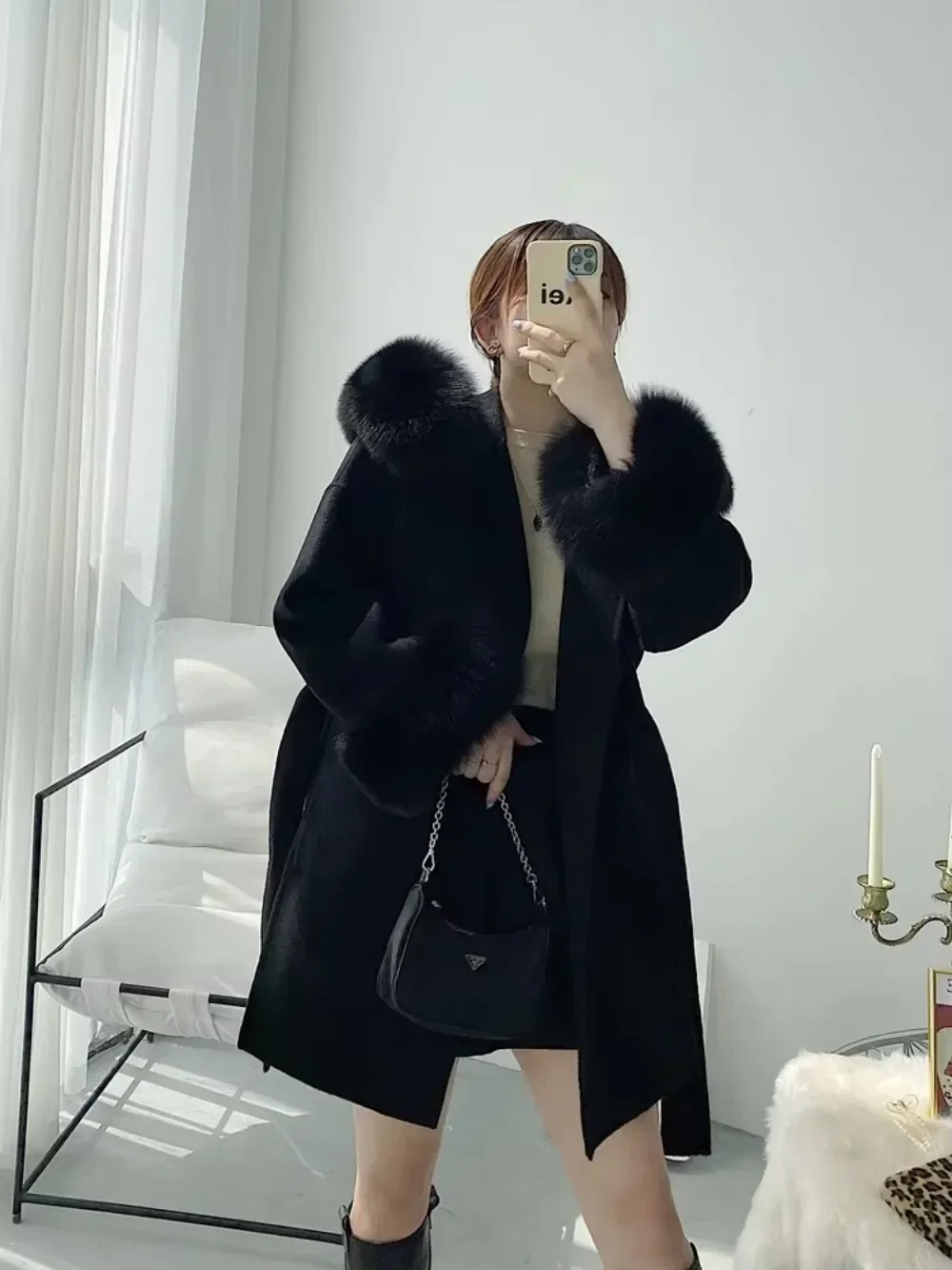 2024 New Woolen Coat Oversize Ladies Outerwear Winter Women Natural Fox Fur Collar Cuffs Jacket Hood Cashmere Wool