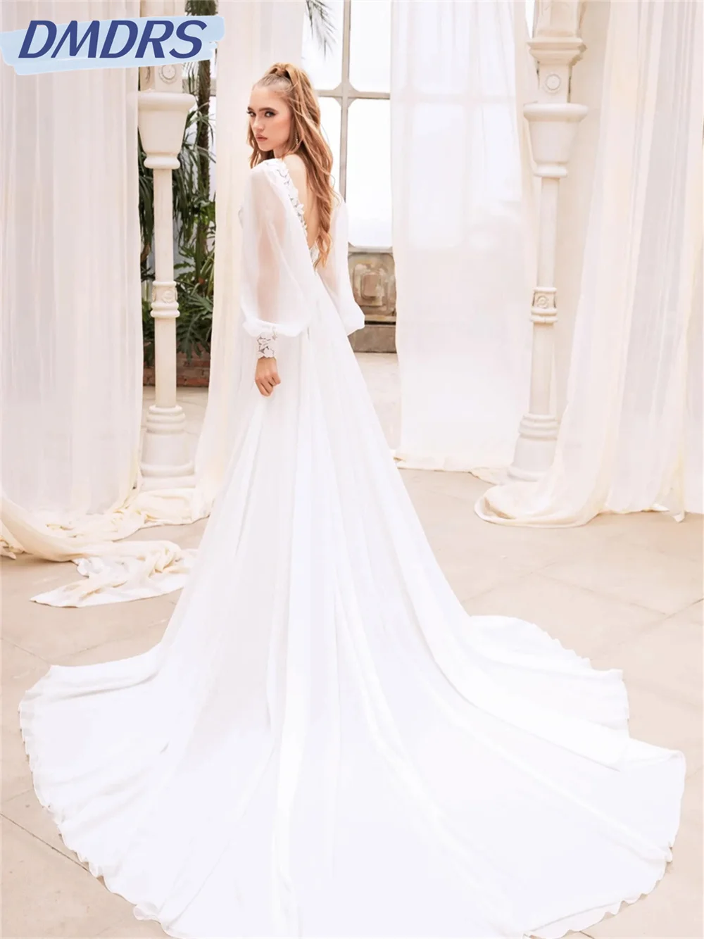 Classic Chiffon Boho Wedding Dress 2024 Charming Long Sleeve A-Line Dress Classic V Neck Floor Length Gowns Vestidos De Novia