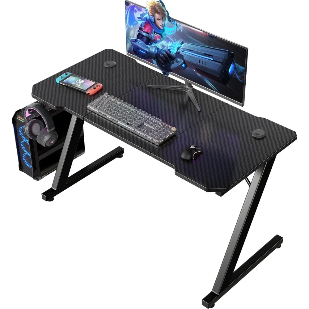 Mesa para juegos, 120 x 60 cm, escritorio ergonómico para juegos en forma de Z, mesa para jugadores de fibra de carbono, mesa para computadora con gancho para auriculares, negro