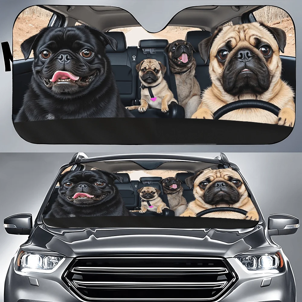 Group Of Pugs In Car | Auto Sunshades, Front Window Sun Cover, Durable Polyamide Visor For Car Decor, Universally Applicable Car