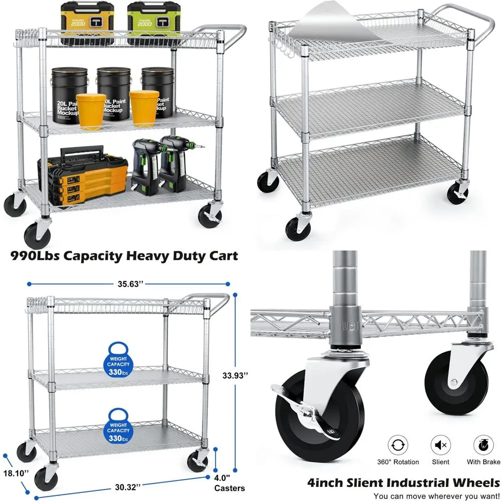 

Тележка многоцелевая усиленная на колесах, грузоподъемность 450 кг, металлическая, сертифицированная NSF, для ресторанов и кухонь, серая