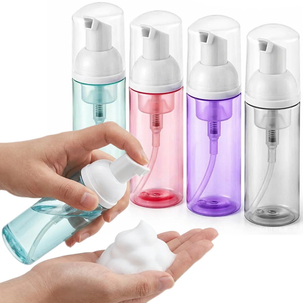Botella dispensadora de espuma transparente de 60 ml, botella manual para hacer espuma, botella vacía para limpiador facial espumoso, jabón de manos y leche limpiadora, contenedor dispensador portátil para viajes, botella para desmaquillante y espuma de b