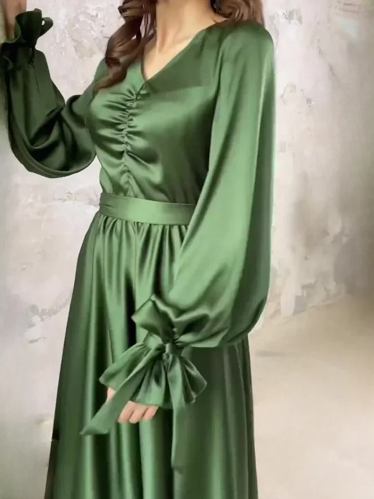 Vestido elegante de lujo para mujer, satén mercerizado, verde, Color sólido, ajustado, con cuello en V, con cordones, plisado, vestidos de fiesta de péndulo para mujer