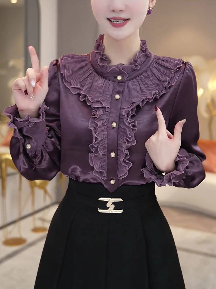 

Ele Spring 2025 Oversized irt Luxury Acetate Wood ain Snow Dreng Commute Sle Long Sve Stand Collar Top