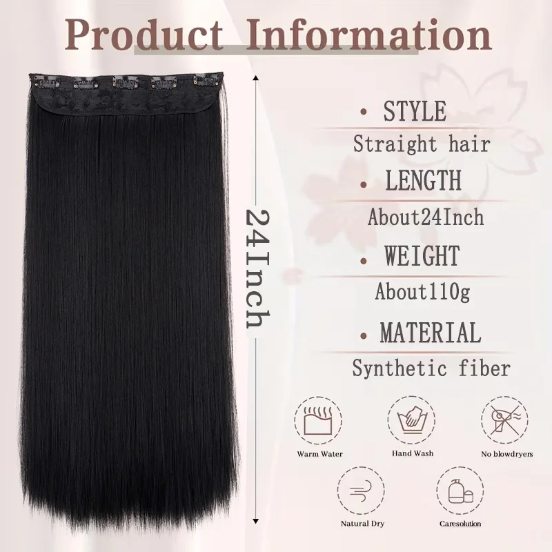 24Inch Synthetic Long Straight Clip in Hair Extension One Piece Hairpiece for Women Daily Party Increase Volume Easy to Install