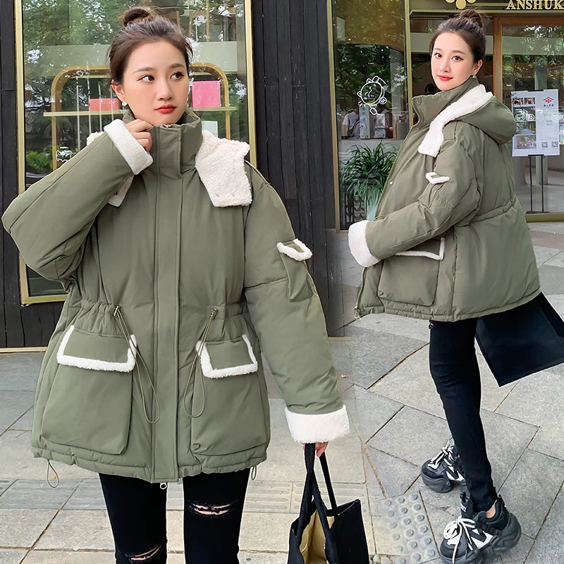 

Women Winter Jacket 2023 New Lamb Wool Spliced Mid Long Cotton Padded Coat Thick Warm Hooded Parkas Female Outerwear Winter Coat