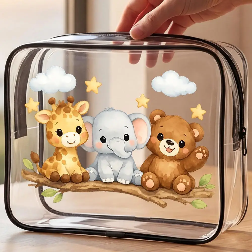 Toiletry Bag Cute Giraffe Elephant Teddy Bear Clear Pvc Zippered Makeup Storage Bag Portable Cosmetic Organizer for Travel