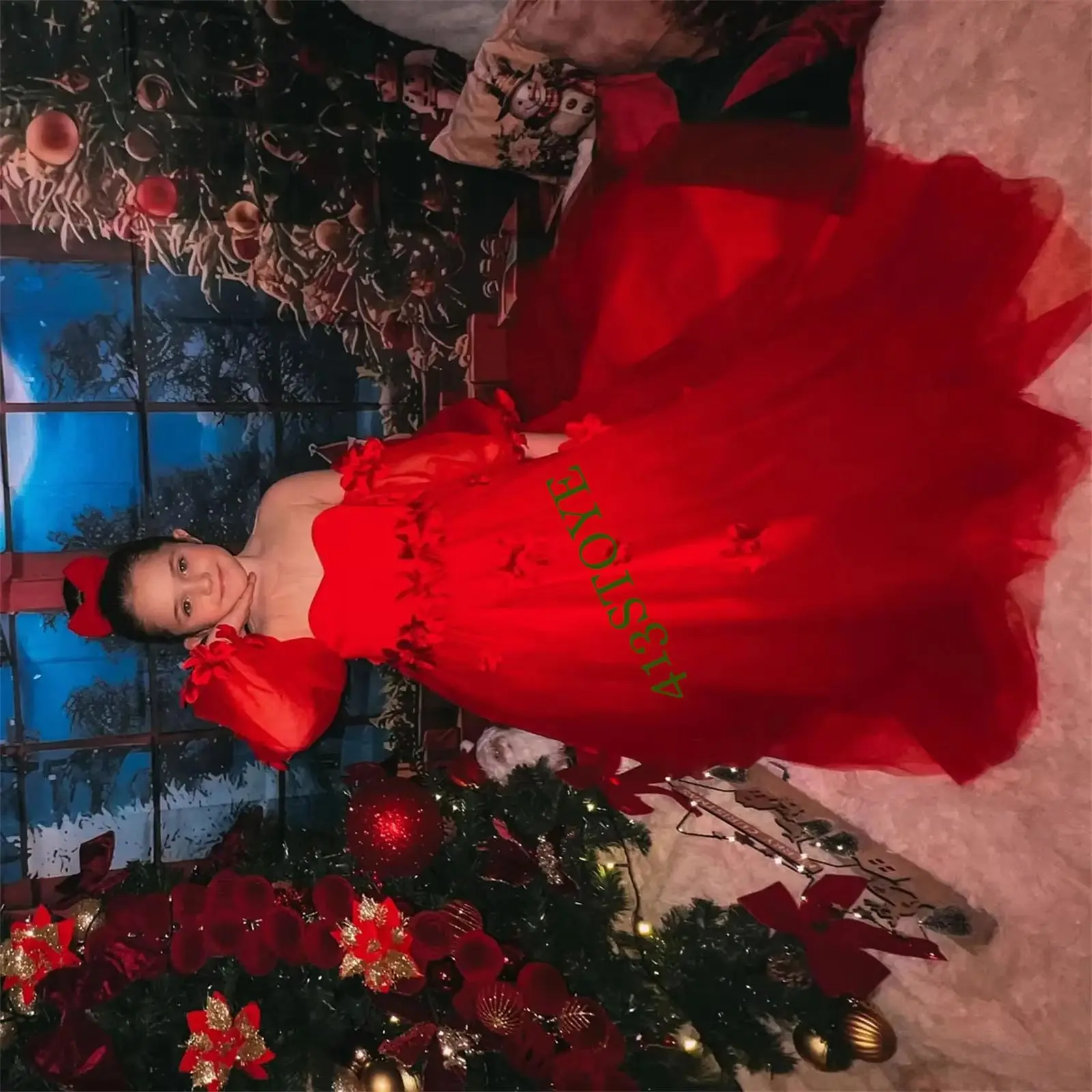 

Elegant 3D Flowers Red Girl Dress Long Sleeve Arabic Princess Wedding Birthday Party Ball Gowns vestidos de novia