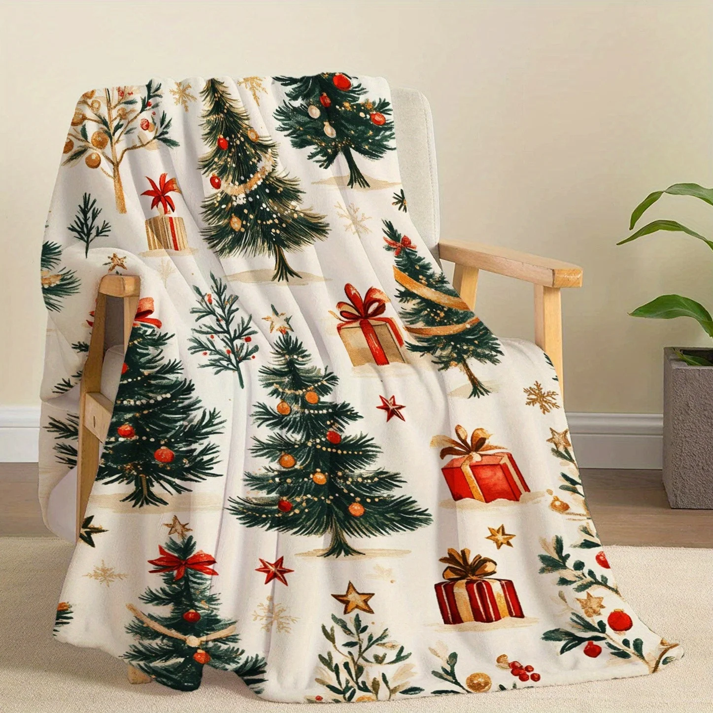 2D Flat Print, 1pc Vintage Watercolor Christmas Tree Christmas-Themed Throw Blanket/Blanket, Featuring a Full-print Pattern of a