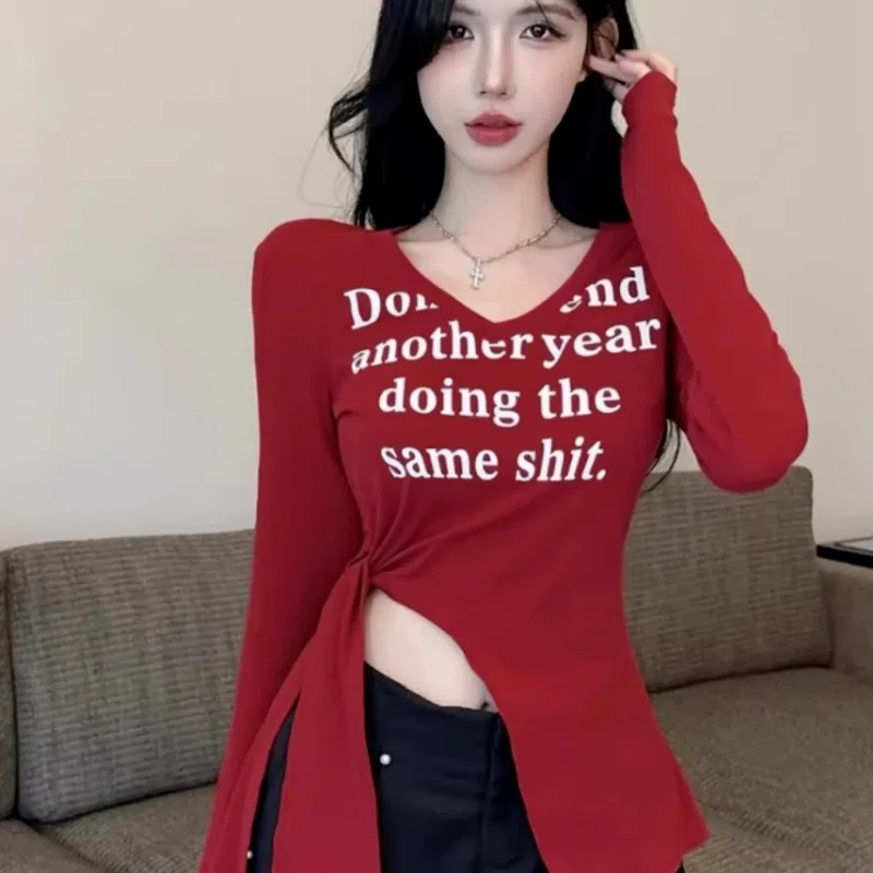 Irregular Slit V-neck Base Shirt Top Tight Fitting Bandage Long Sleeved Crop Tops Sexy Solid Color Korean Fashion Female Clothes