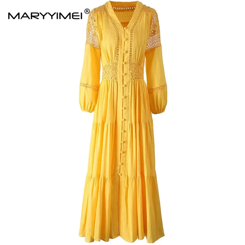 MARYYIMEI Autumn Winter Women\'s Dress Long-Sleeved Hollow Out V-Neck Single-Breasted New Fashion Cotton Big Swing S-3XL Dresses