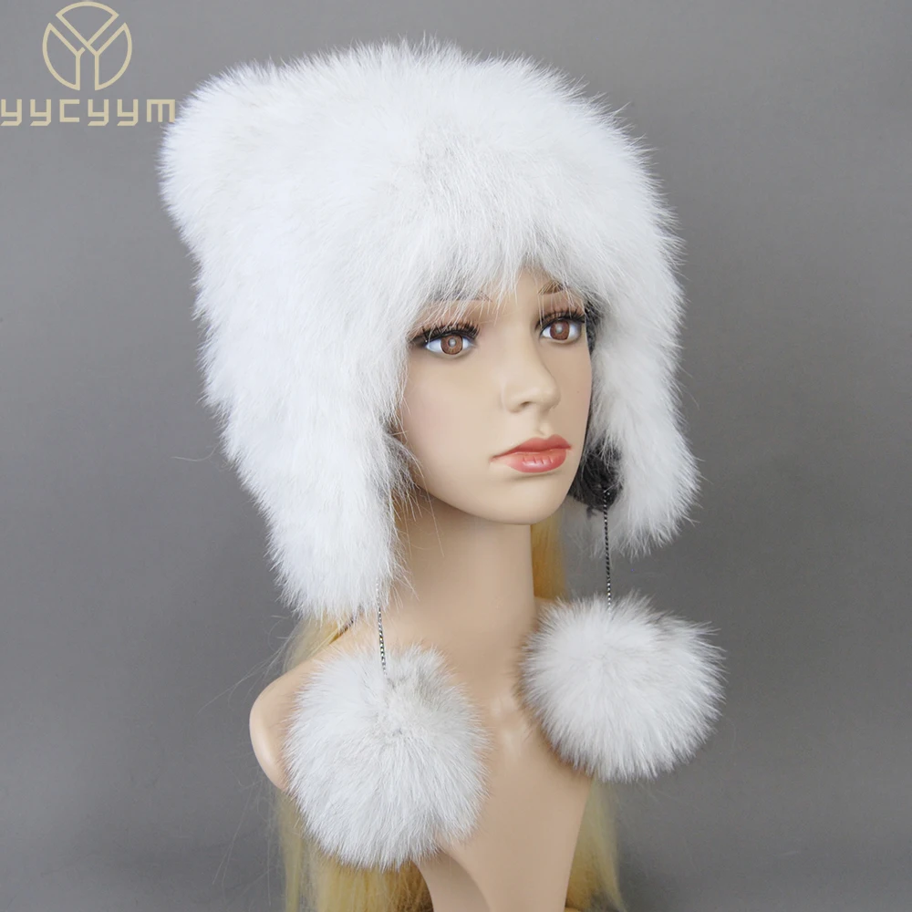 

Hot Sale Luxury Ladies Winter Warm Real Fox Fur Hat hand knit women natural fox fur beanie hat genuine fox fur bomber hat