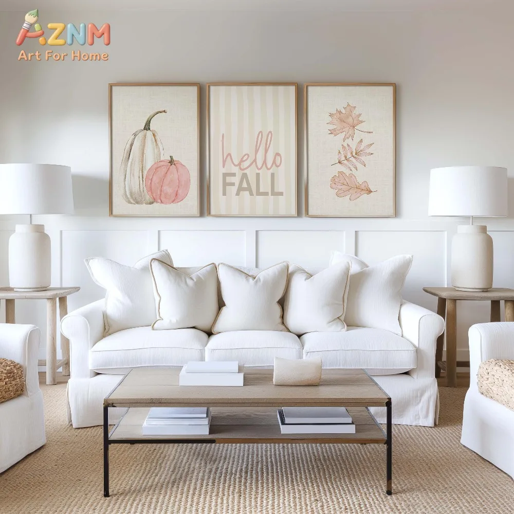 AZNM 3Pcs Soft Pink Hello Fall Canvas Wall Art, Watercolor Pastel Pumpkin Maple Leaf Print Frameless Canvas Painting, Neutra