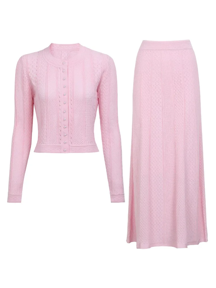 Fashionable 2025 Spring Autumn Women's Long-Sleeved Hollow Cardigan Coat+Skirt Two-piece Sets Knitted Elastic Skirt Set
